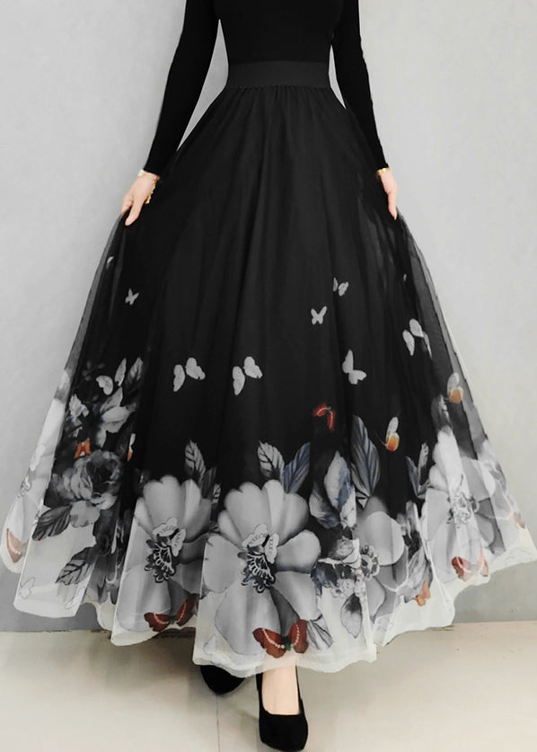 Italian Black Print Elastic Waist Tulle Skirt Spring