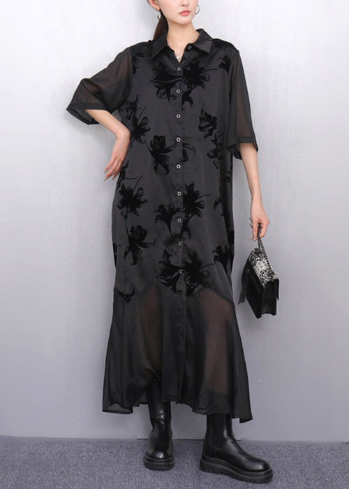 Italian Black Print Tulle Patchwork Blouses Dresses Half Sleeve