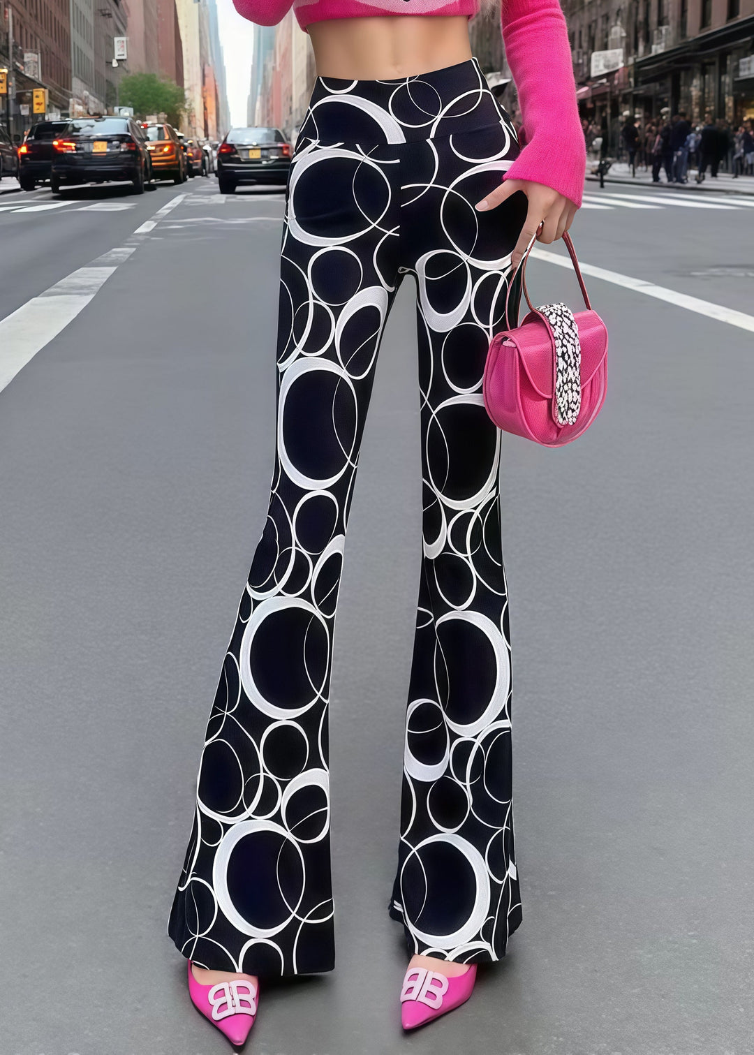 Italian Black Print Tummy Control Bell-bottom Trousers Summer