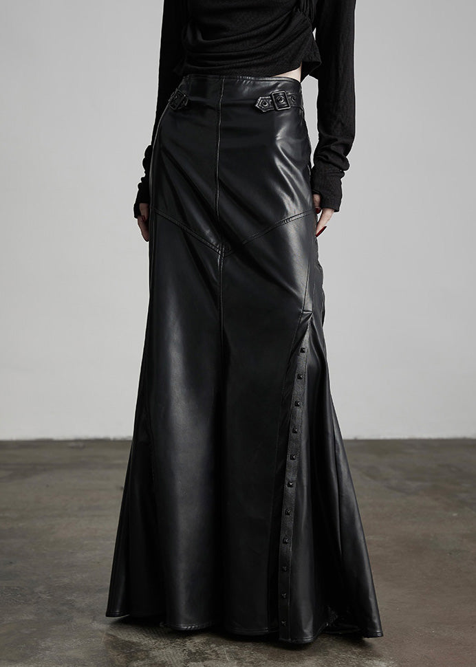 Italian Black Rivet High Waist Patchwork Faux Leather Skirts Winter