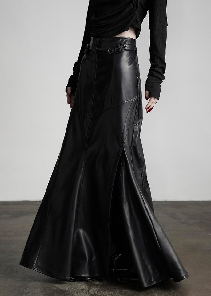 Italian Black Rivet High Waist Patchwork Faux Leather Skirts Winter