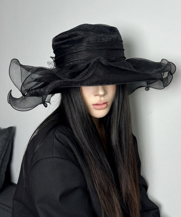 Italian Black Ruffled Organza Holiday Sun Hat