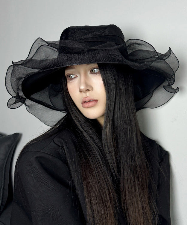 Italian Black Ruffled Organza Holiday Sun Hat