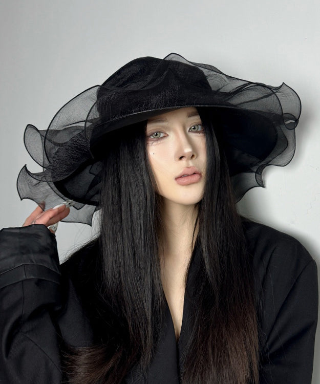 Italian Black Ruffled Organza Holiday Sun Hat