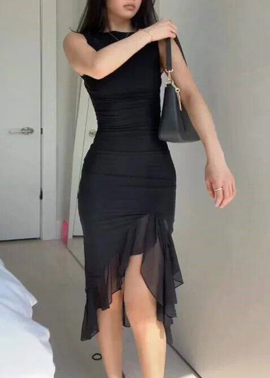 Italian Black Ruffled Patchwork Tulle Dresses Sleeveless