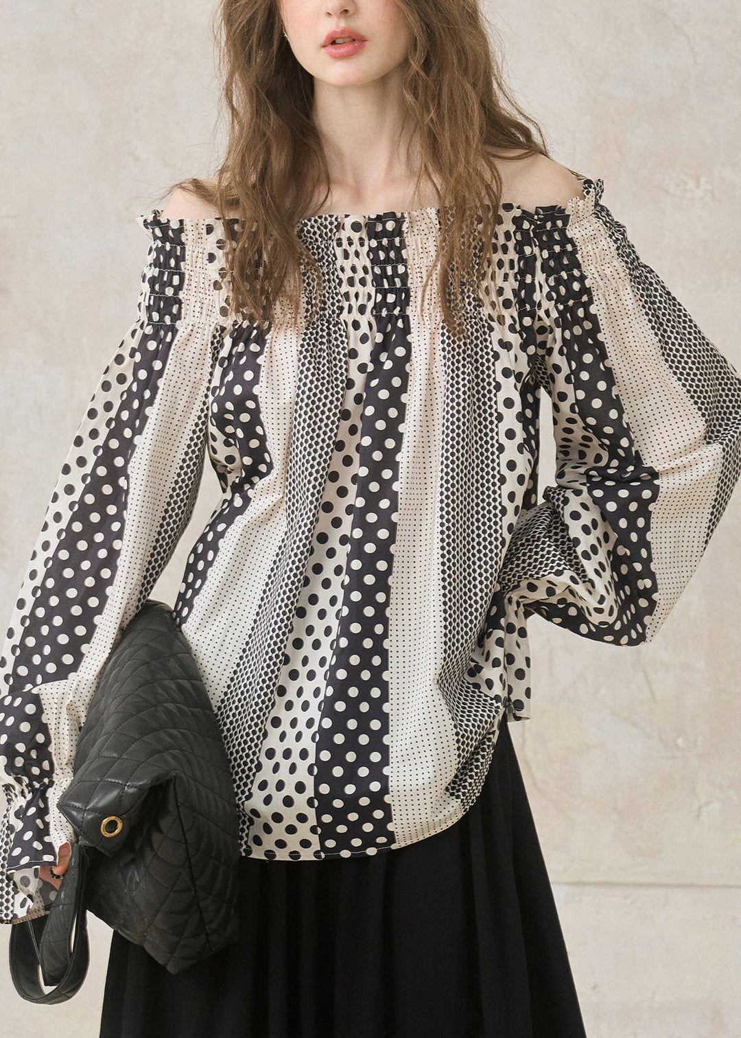 Italian Black Slash Neck Print Cotton Shirts Flare Sleeve