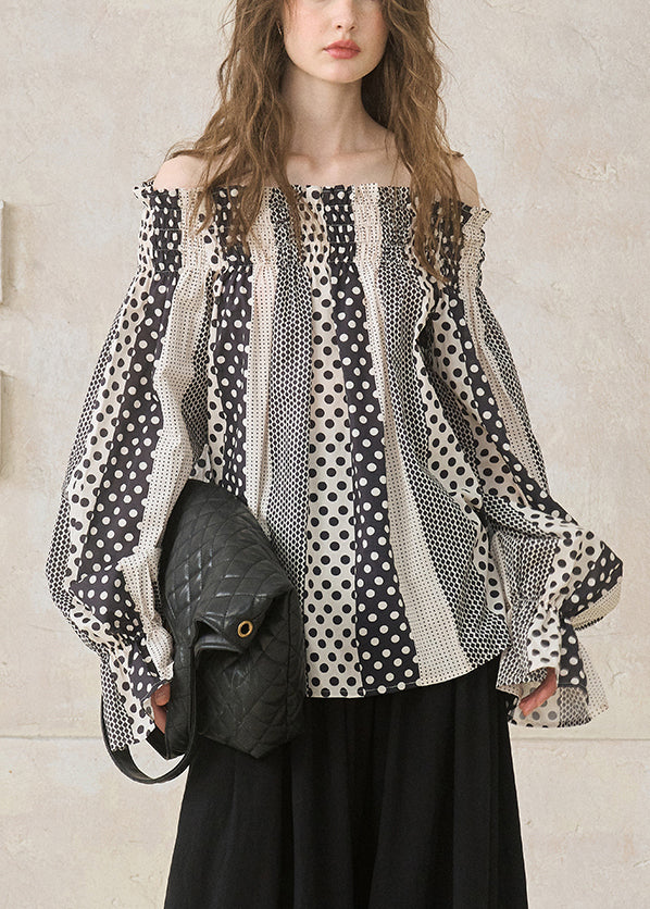 Italian Black Slash Neck Print Cotton Shirts Flare Sleeve