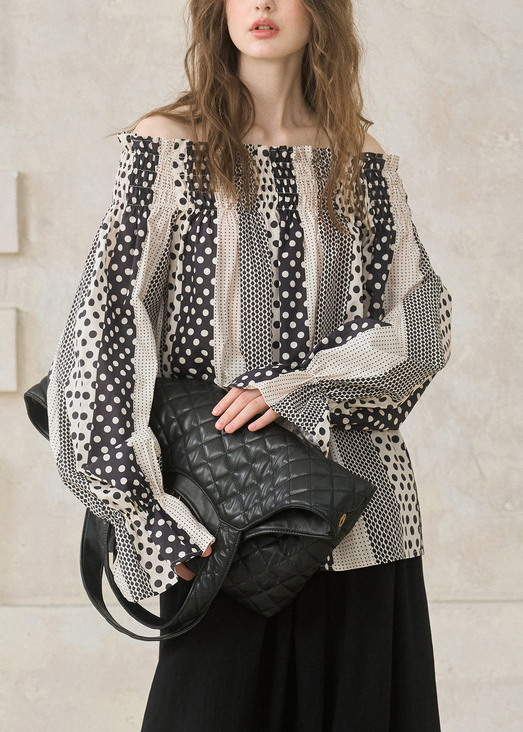 Italian Black Slash Neck Print Cotton Shirts Flare Sleeve