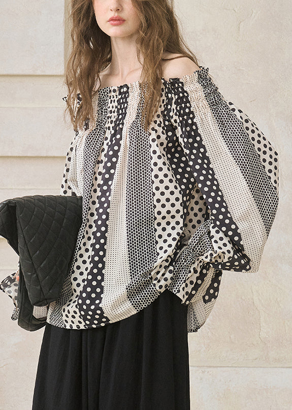 Italian Black Slash Neck Print Cotton Shirts Flare Sleeve