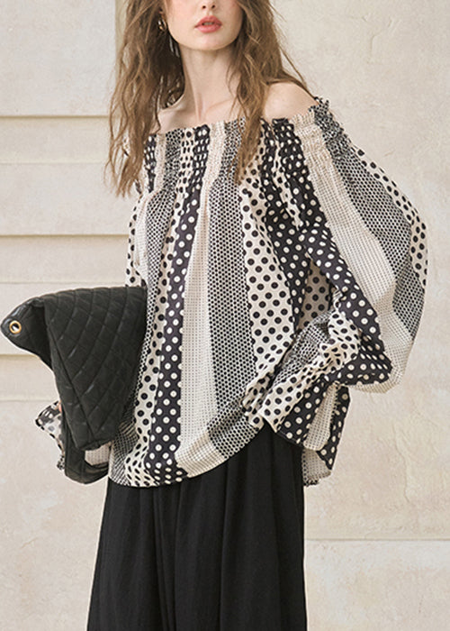 Italian Black Slash Neck Print Cotton Shirts Flare Sleeve