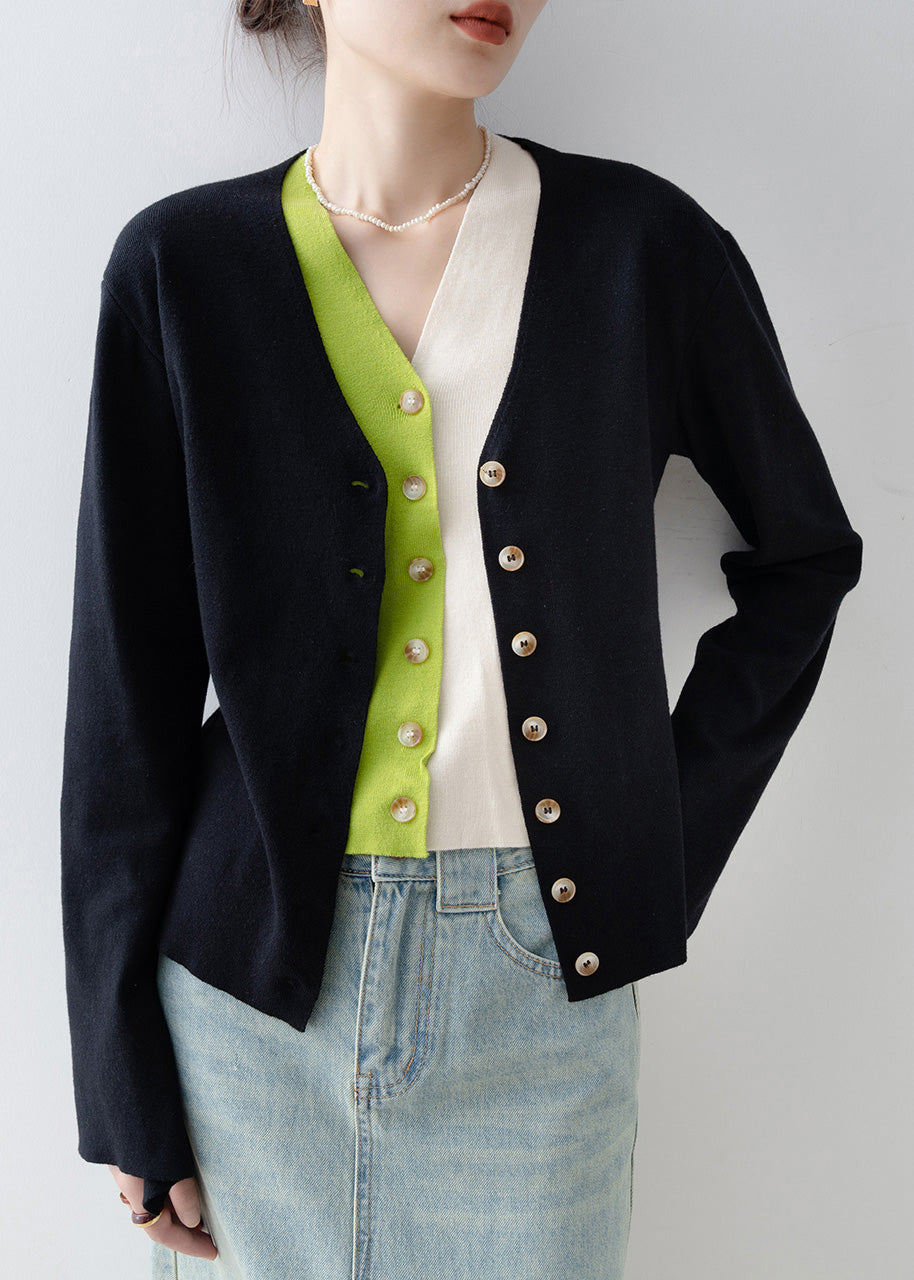 Italian Black V Neck Patchwork False Two Pieces Knit Cardigan Spring