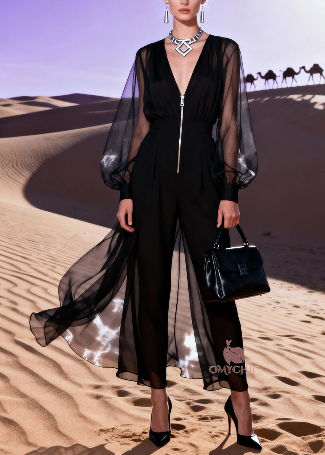 Italian Black V Neck Patchwork Solid Tulle Jumpsuit Lantern Sleeve
