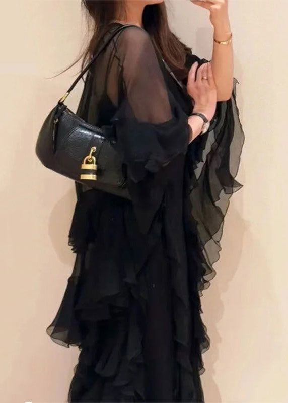 Italian Black V Neck Ruffled Solid Two Piece Set Fall