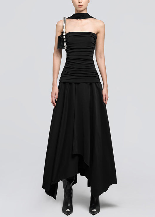 Italian Black Wrinkled Solid Cotton Long Dress Sleeveless