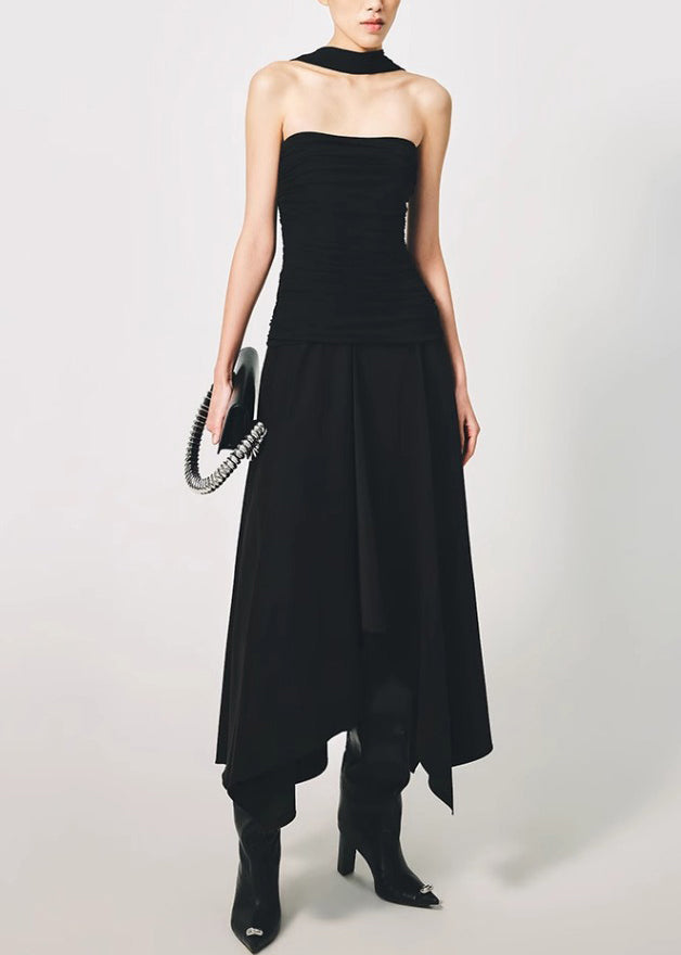 Italian Black Wrinkled Solid Cotton Long Dress Sleeveless