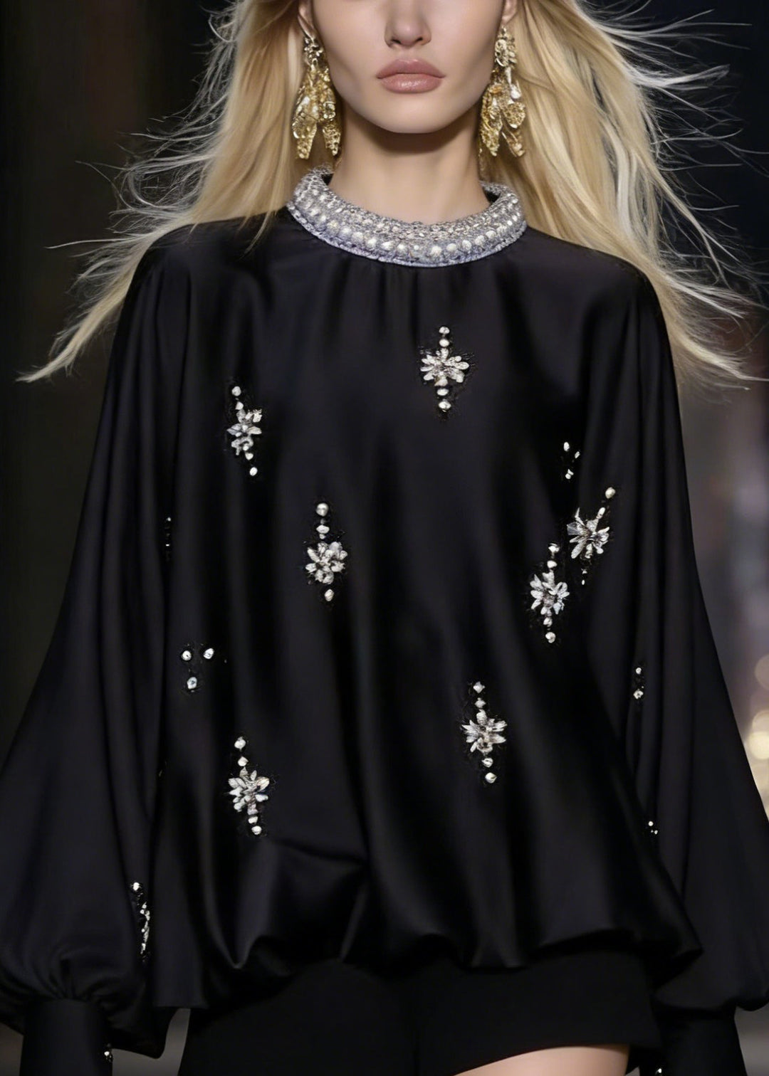 Italian Black Zircon Silk Shirt Batwing Sleeve