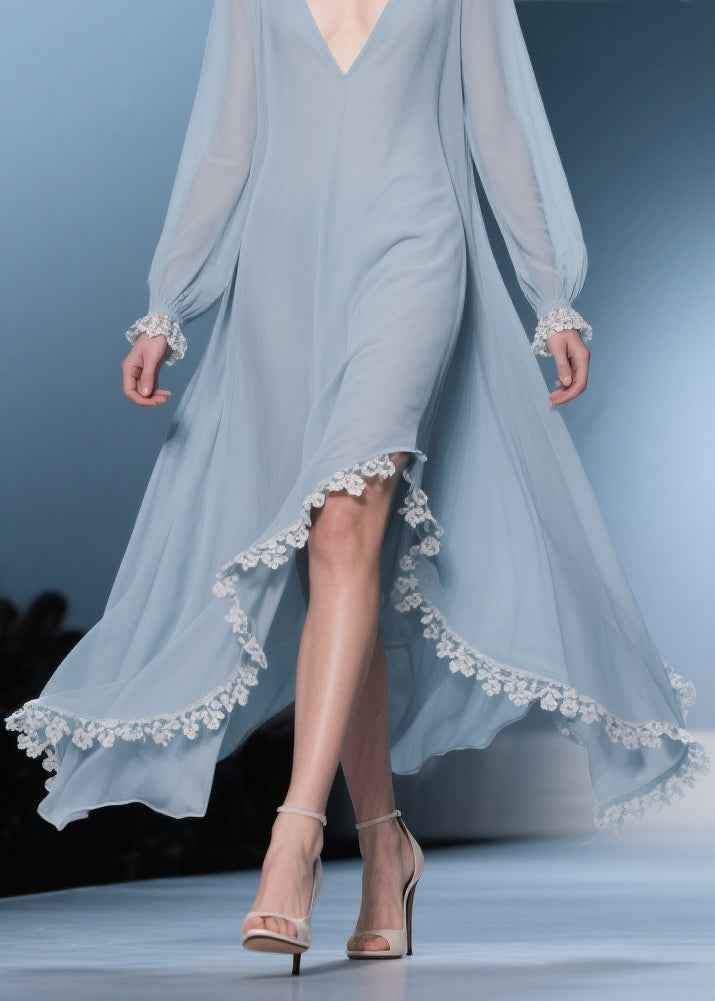 Italian Blue Asymmetrical Lace Chiffon Long Dresses Lantern Sleeve