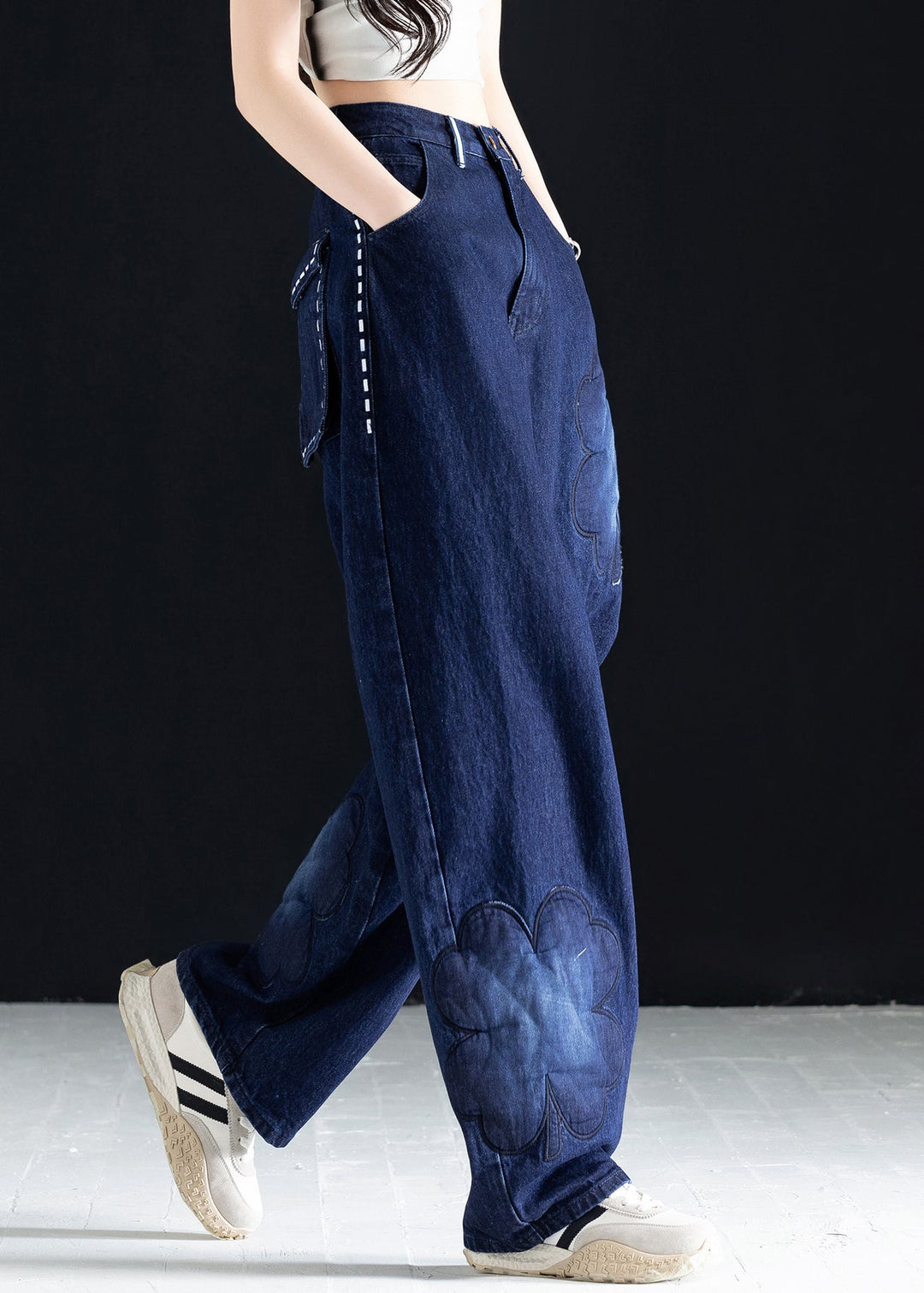 Italian Blue Embroidered Pockets Denim Pants Fall