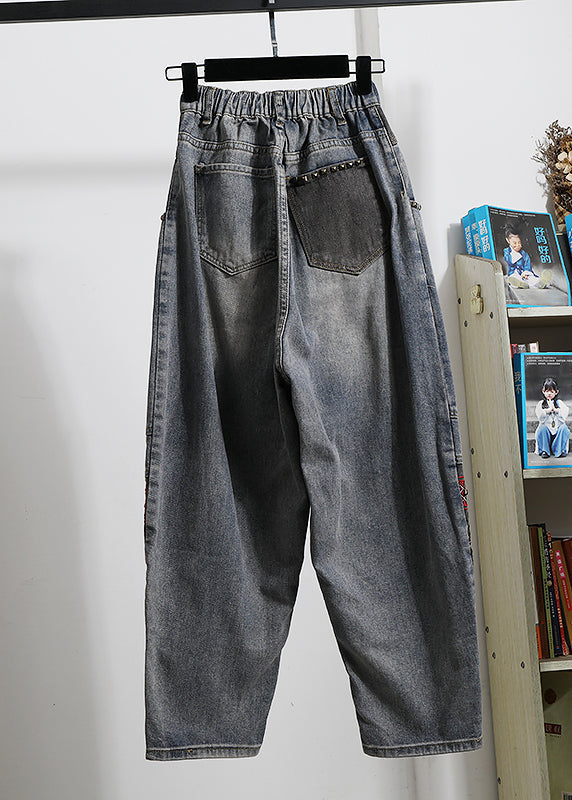 Italian Blue Embroidered Pockets Patchwork Denim Pants Spring