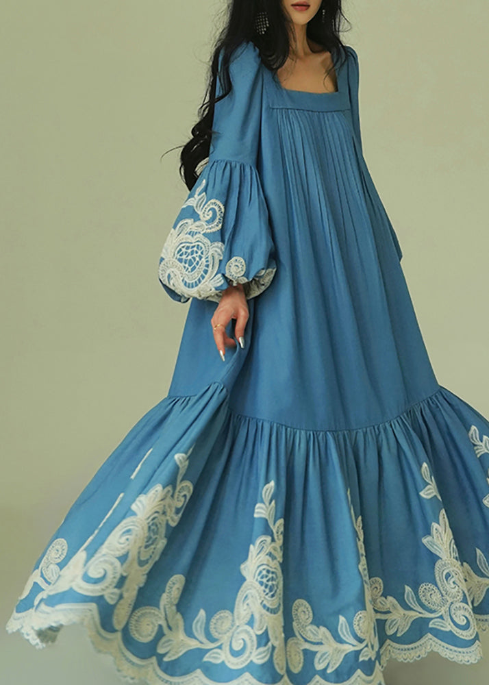 Italian Blue Embroidered Pockets Tie Waist Cotton Long Dresses Lantern Sleeve