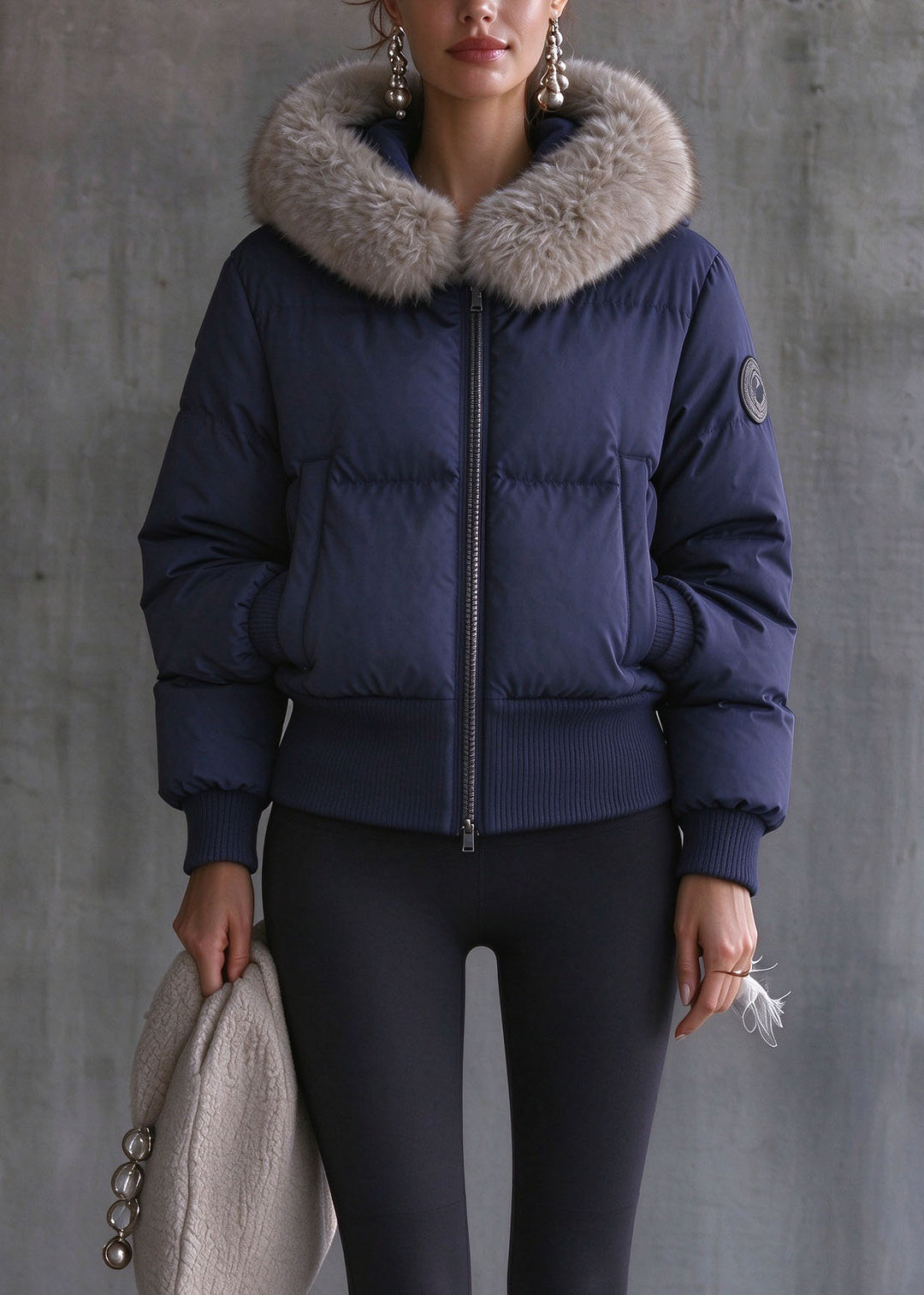 Italian Blue Fur Collar Zippered Detachable Down Coat Winter