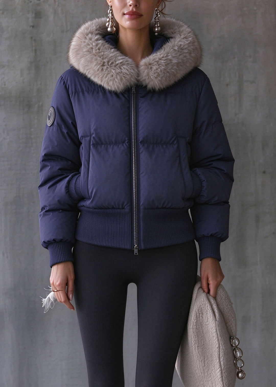 Italian Blue Fur Collar Zippered Detachable Down Coat Winter
