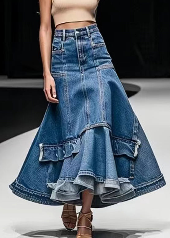 Italian Blue High Waist Patchwork Denim A Line Skirts Summer - Omychic