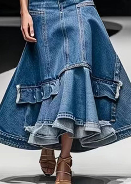 Italian Blue High Waist Patchwork Denim A Line Skirts Summer - Omychic