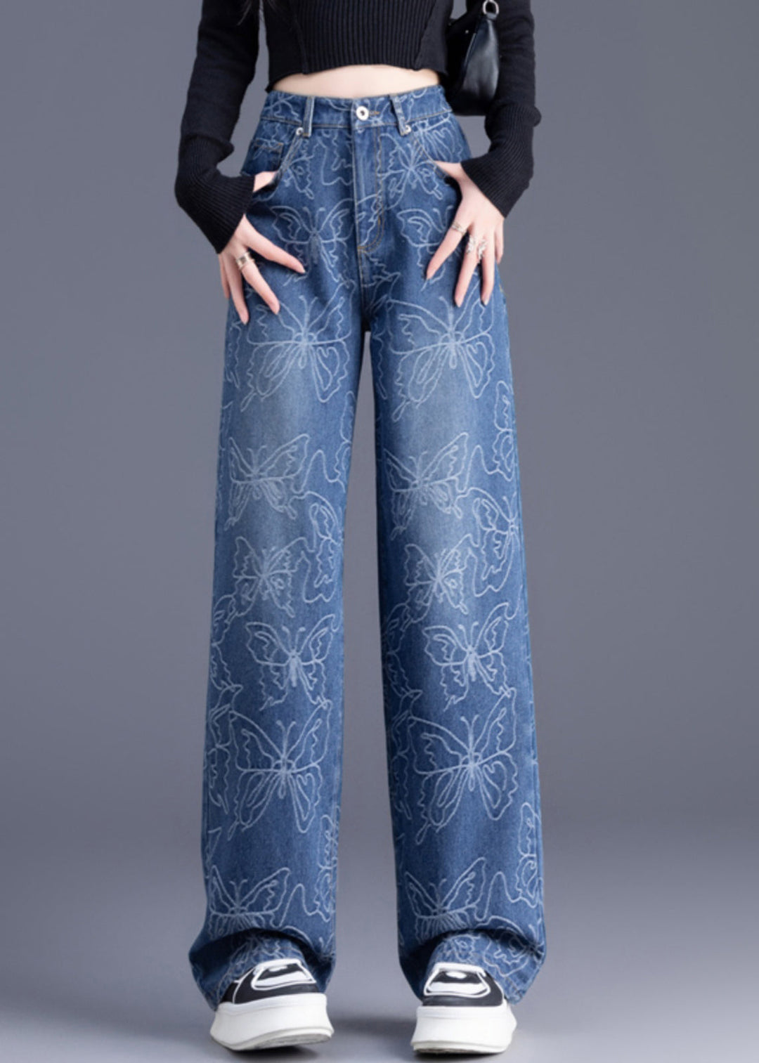 Italian Blue High Waist Print Denim Straight Pants Trousers Summer