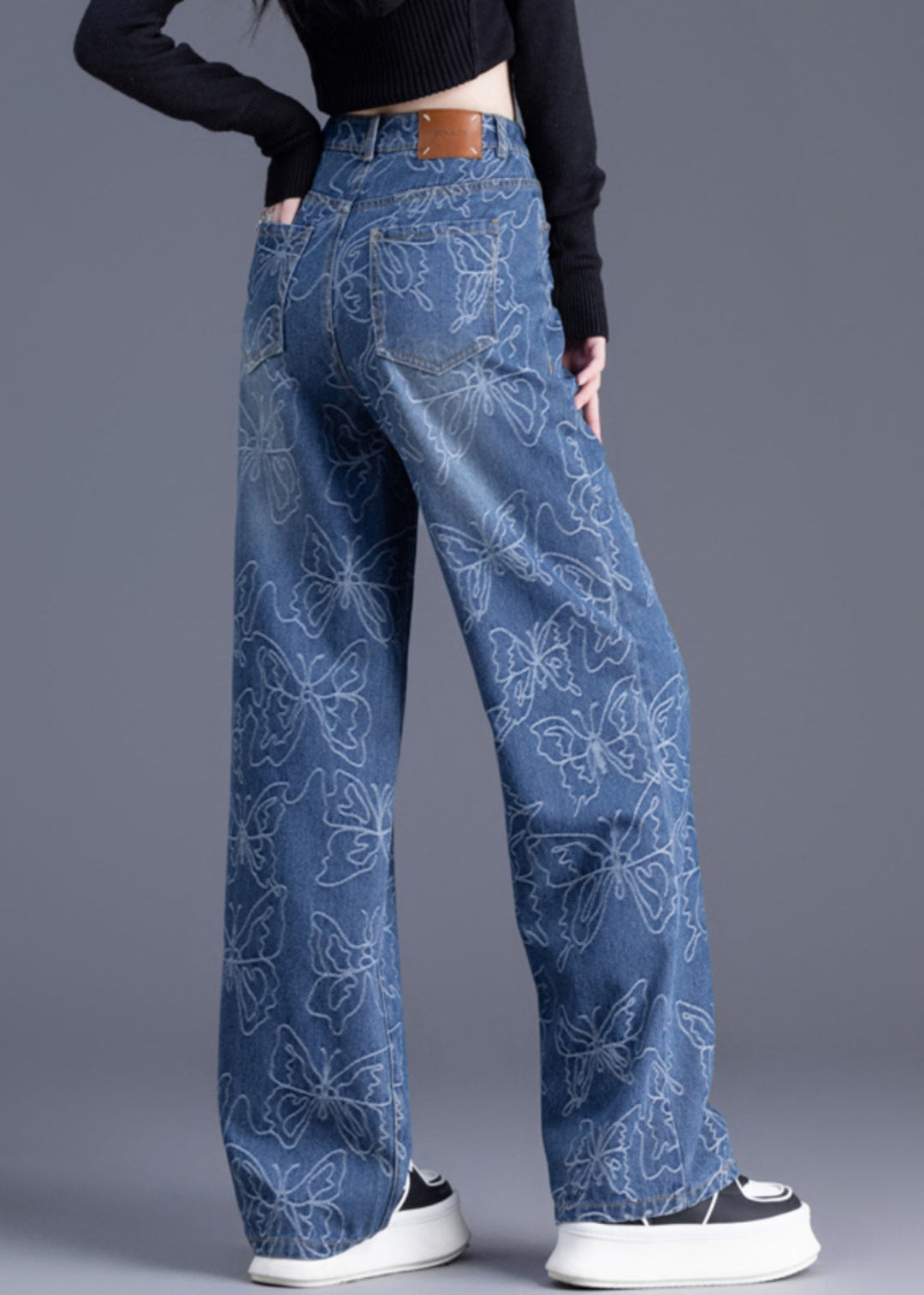 Italian Blue High Waist Print Denim Straight Pants Trousers Summer