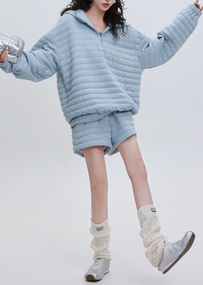 Italian Blue Hooded Striped Fine Cotton Filled Two Piece Set Winter