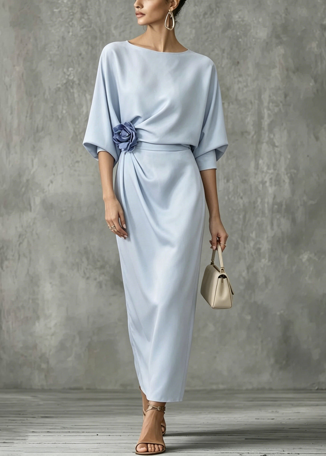 Italian Blue O Neck Floral Cotton Maxi Dress Summer