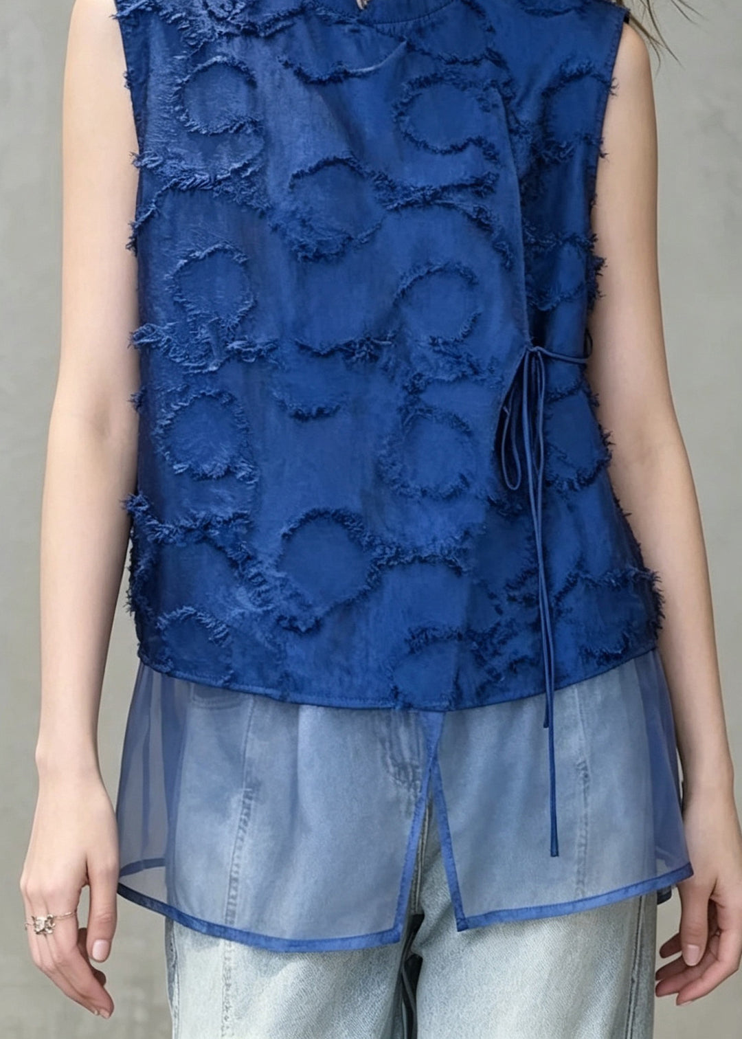 Italian Blue O-Neck Patchwork Tulle Tank Tops Sleeveless