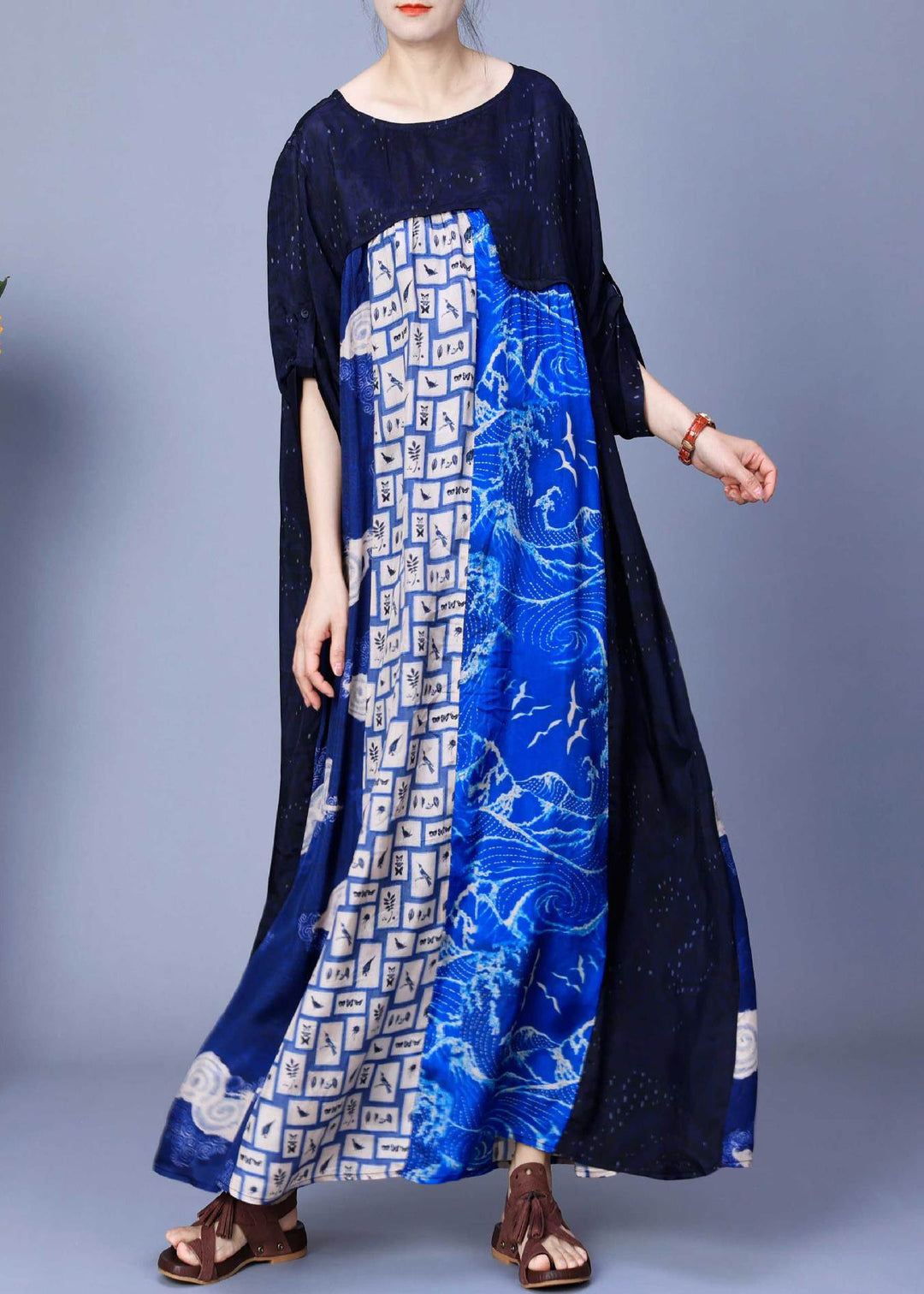 Italian Blue O Neck Print Patchwork Silk Long Dresses Summer