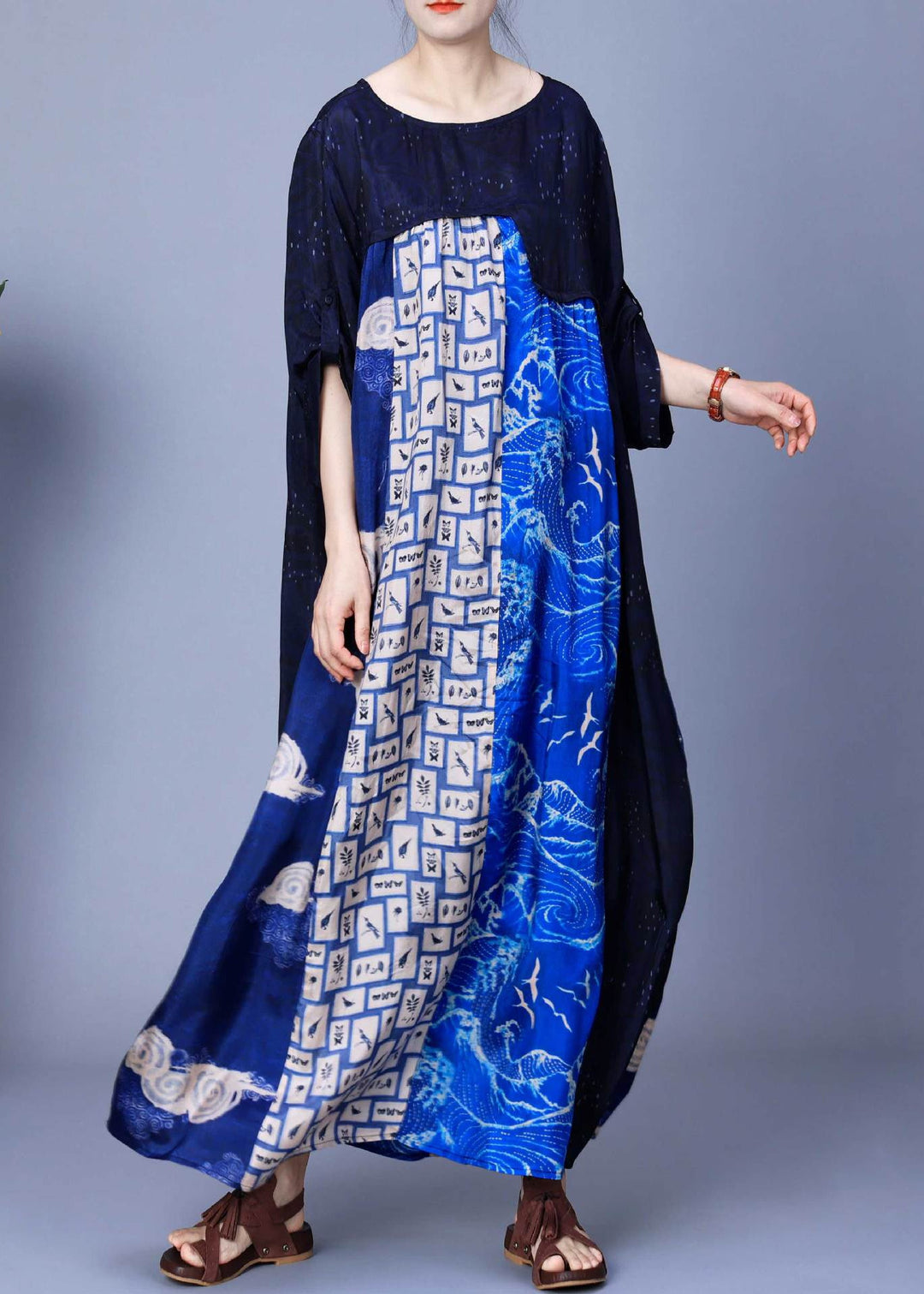 Italian Blue O Neck Print Patchwork Silk Long Dresses Summer