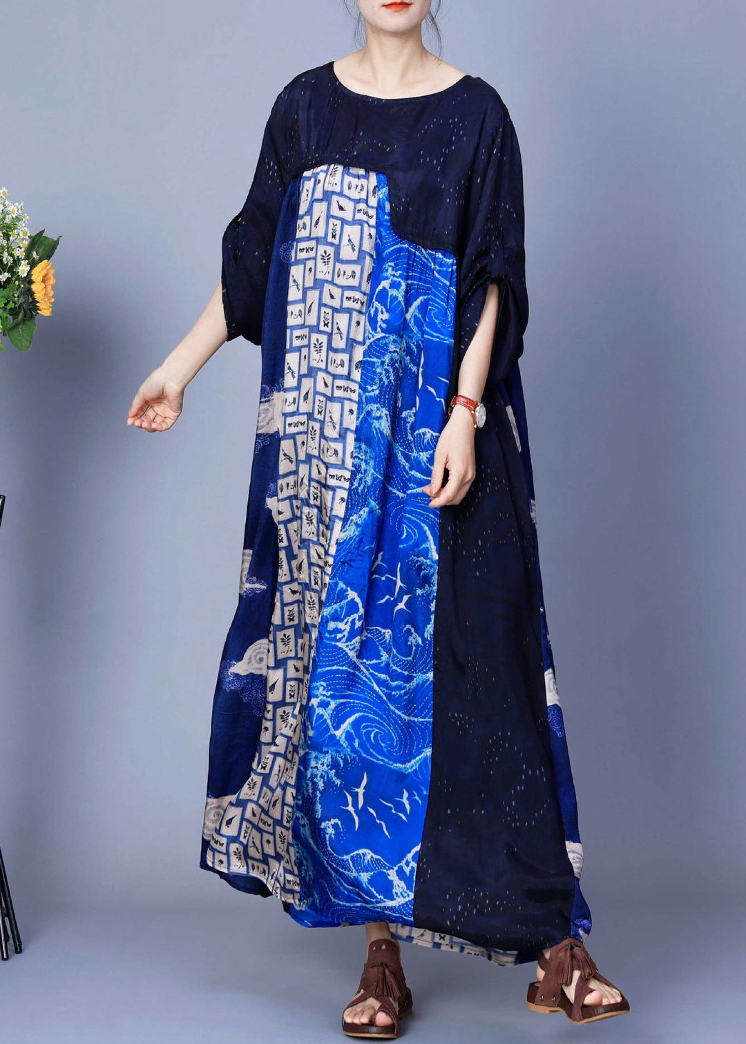 Italian Blue O Neck Print Patchwork Silk Long Dresses Summer