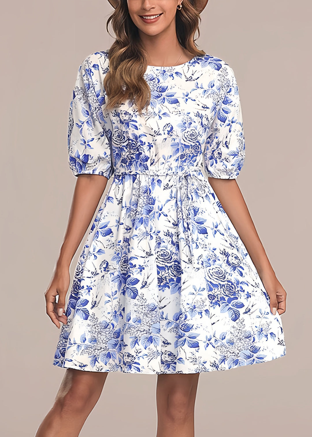 Italian Blue O Neck Print Tie Waist Cotton Mid Dress Summer