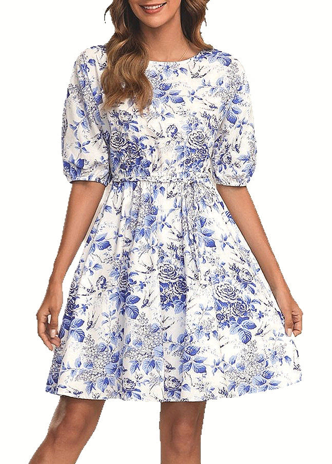 Italian Blue O Neck Print Tie Waist Cotton Mid Dress Summer