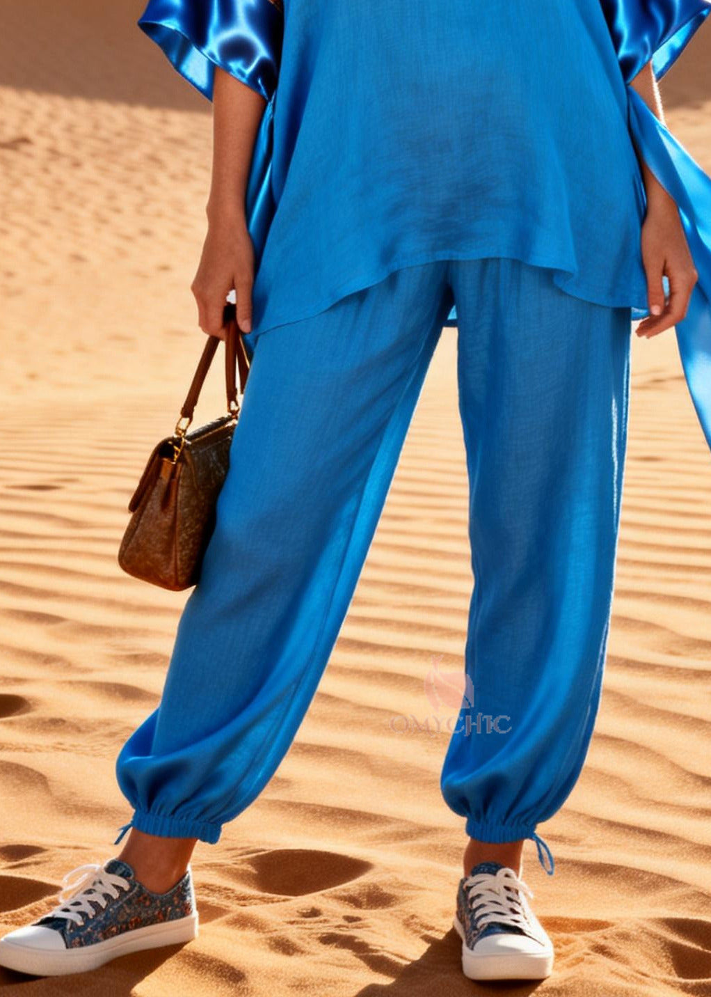 Italian Blue Oversized Patchwork Cotton 2 Piece Outfit Half Sleeve