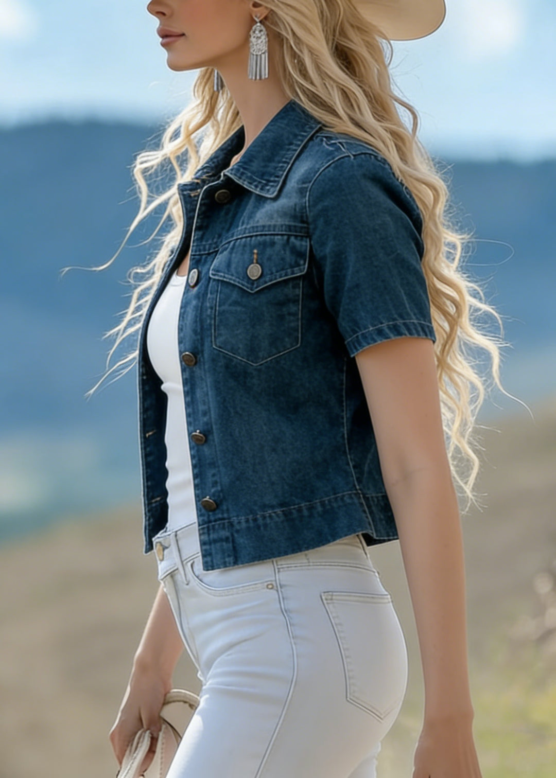 Italian Blue Peter Pan Collar Patchwork Denim Coat Summer