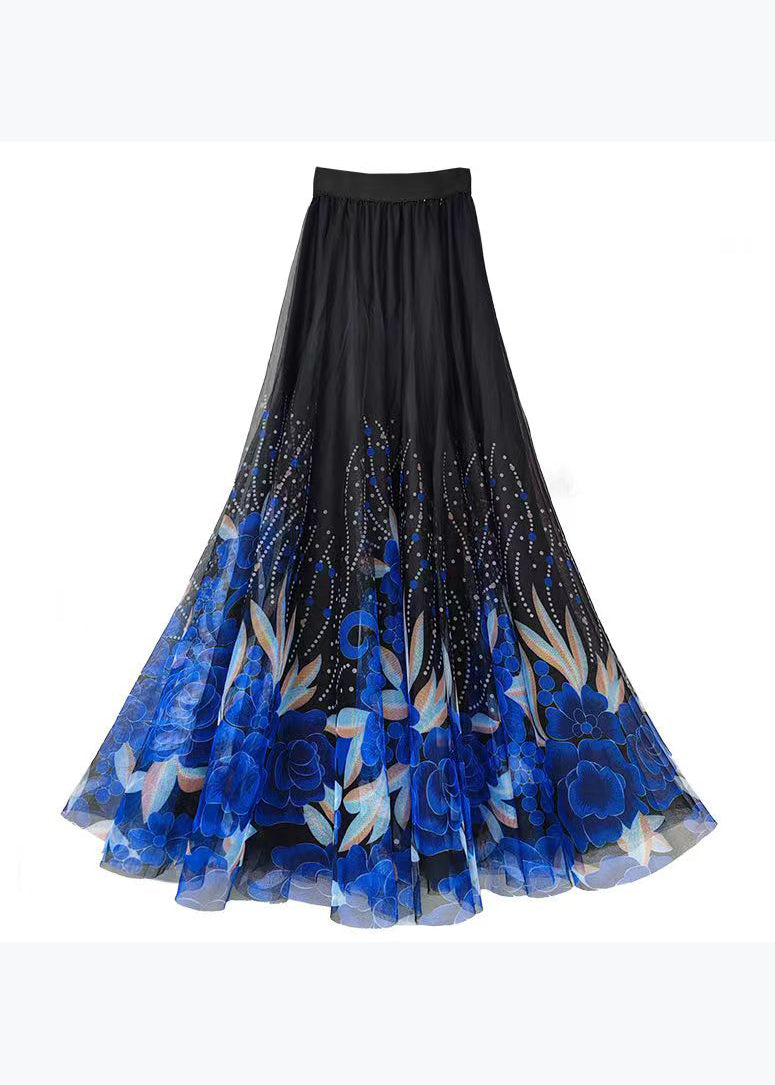 Italian Blue Print High Waist Exra Large Hem Tulle Skirts Spring