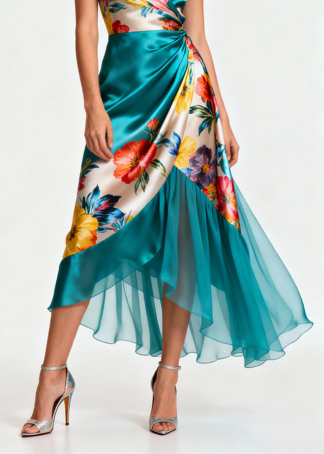 Italian Blue Print Wrinkled Patchwork Silk Spaghetti Strap Dress Summer