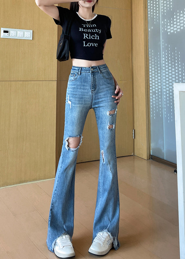Italian Blue Ripped Denim Flared Trousers Fall