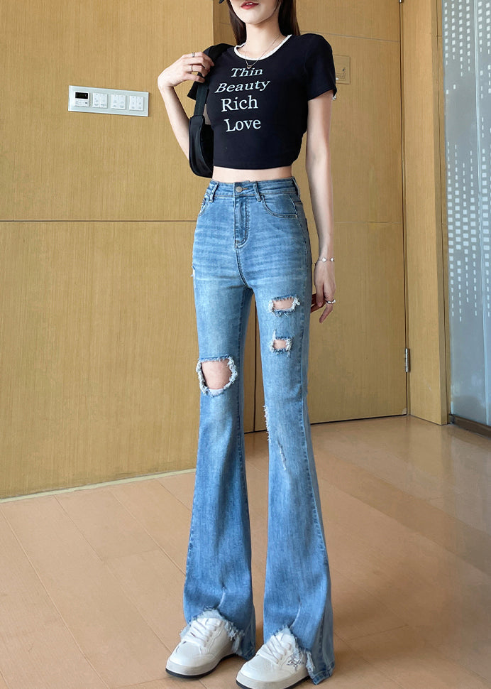 Italian Blue Ripped Denim Flared Trousers Fall