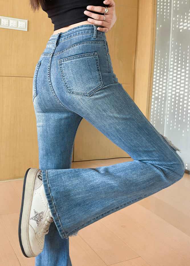 Italian Blue Ripped Denim Flared Trousers Fall