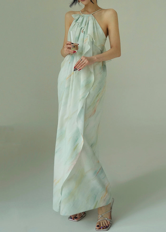 Italian Blue Ruffled Print Cotton Spaghetti Strap Dress Sleeveless