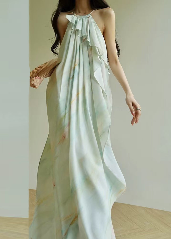 Italian Blue Ruffled Print Cotton Spaghetti Strap Dress Sleeveless