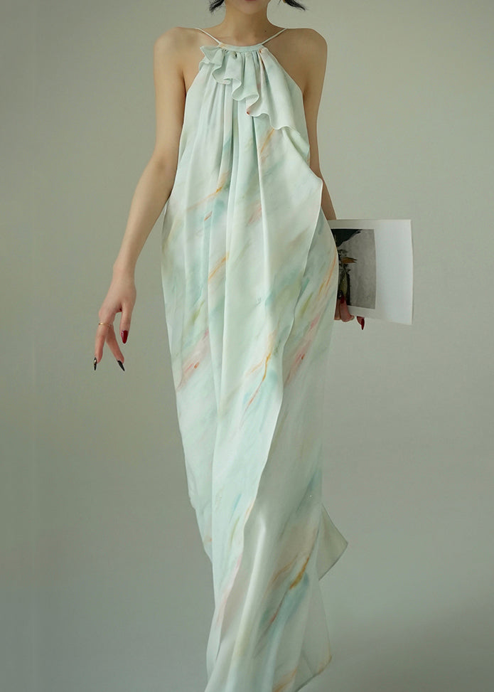 Italian Blue Ruffled Print Cotton Spaghetti Strap Dress Sleeveless