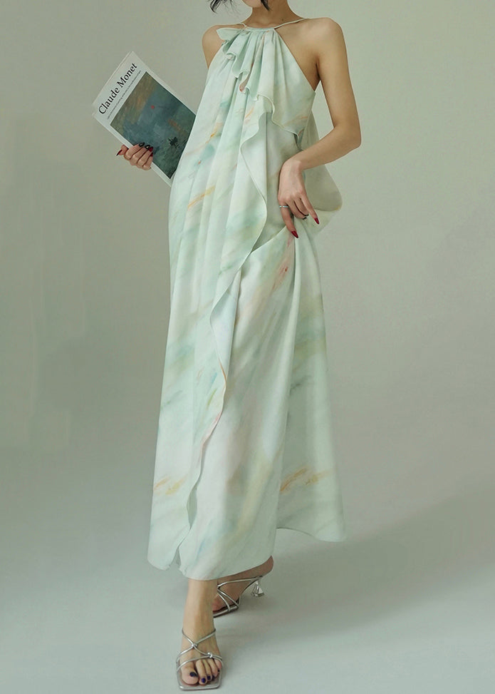 Italian Blue Ruffled Print Cotton Spaghetti Strap Dress Sleeveless