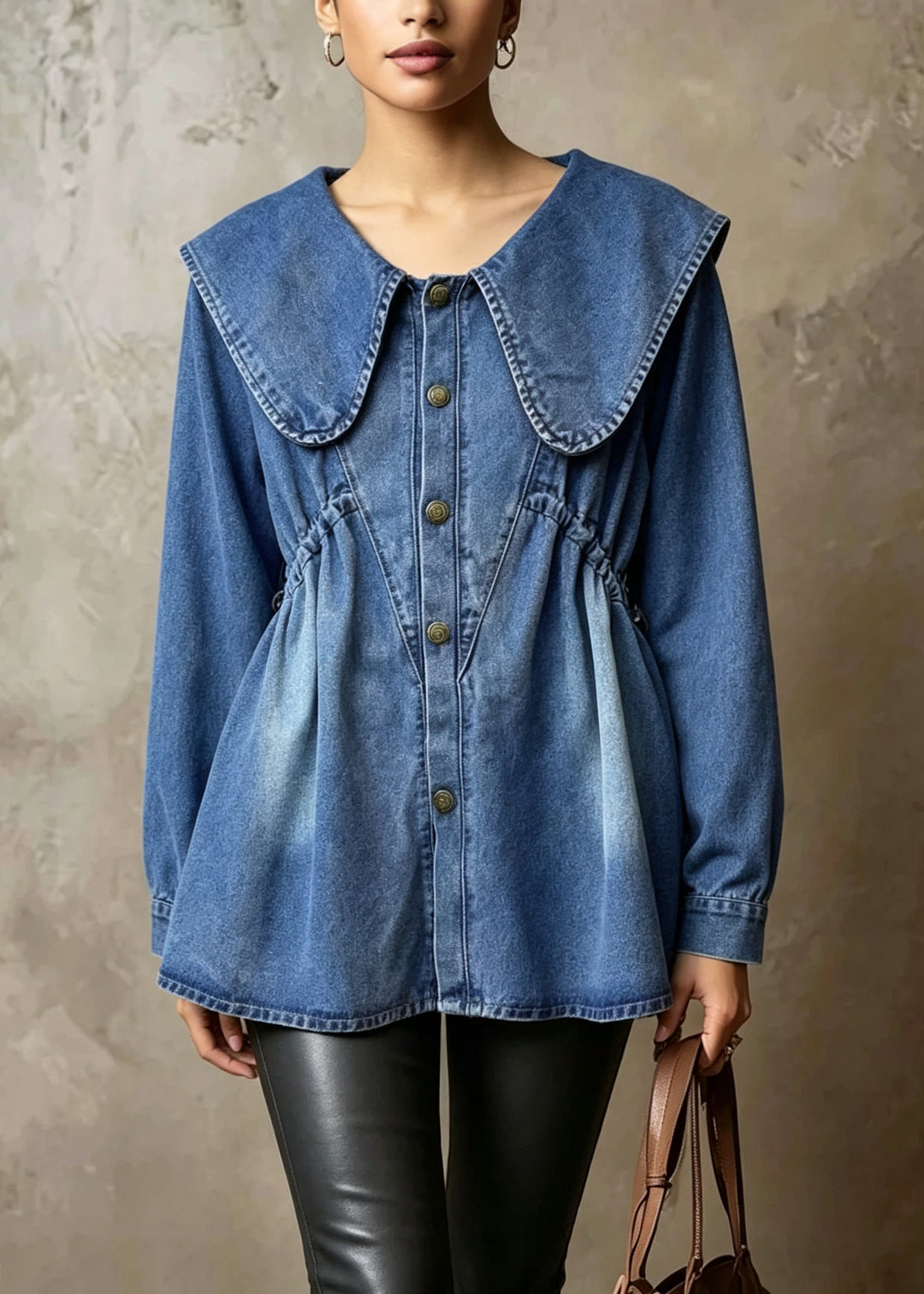 Italian Blue Sailor Collar Button Patchwork Denim Shirts Top Fall